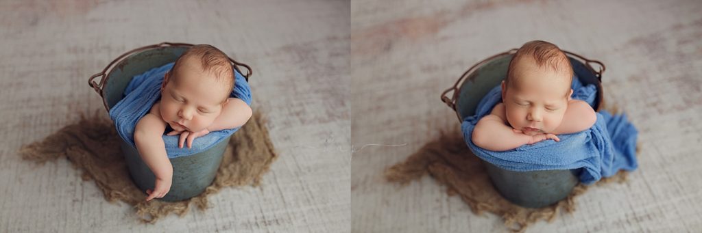 baby posed in a bucket newborn photoshoot